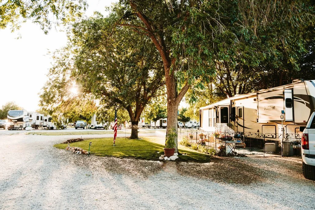 A scenic RV park with multiple travel trailers and motorhomes parked among tall green trees, with a gravel path and a patch of grass in the foreground, an American flag, and sunlight filtering through the leaves.