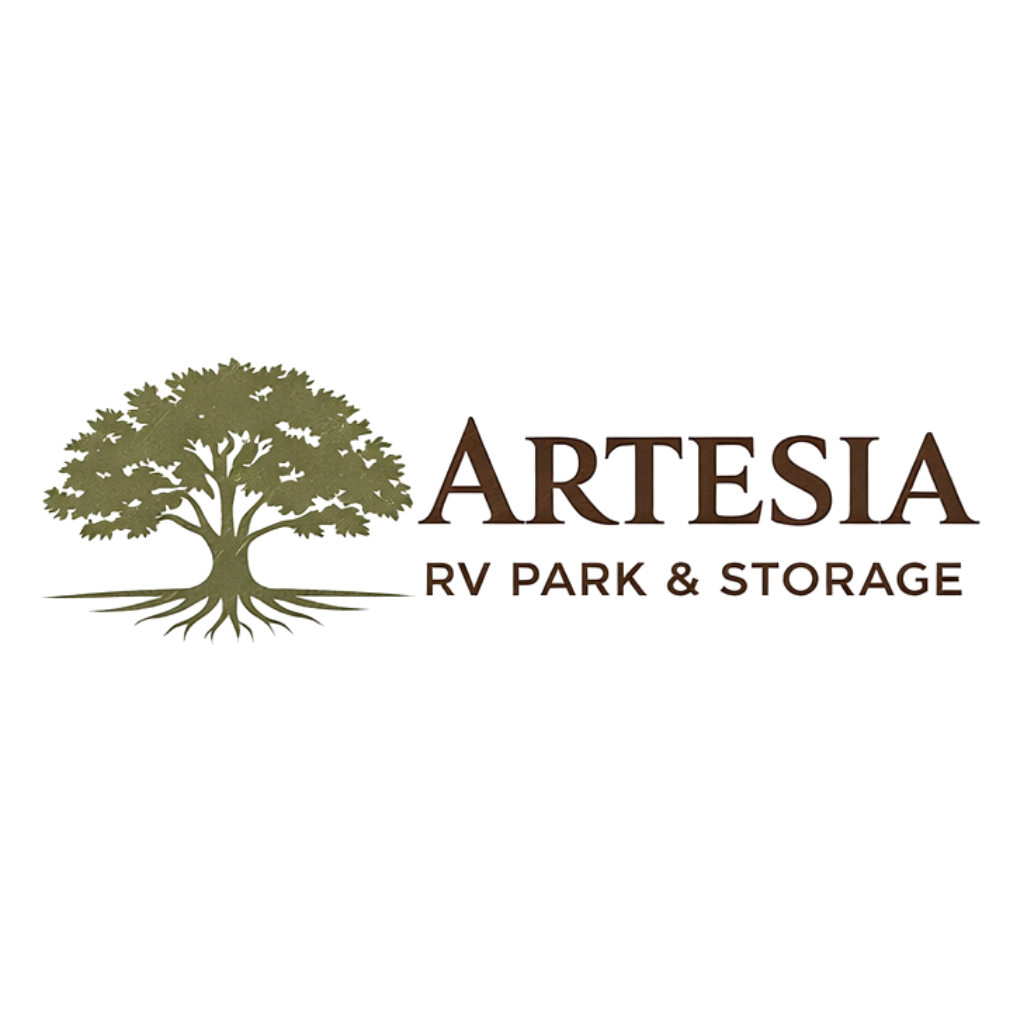 Logo for Artesia RV Park, Campground, and Storage featuring a large tree and the business name in stylized text.