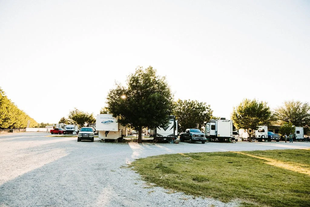 A parking lot with several RVs, trucks, and cars parked near trees, with a clear sky in the background.