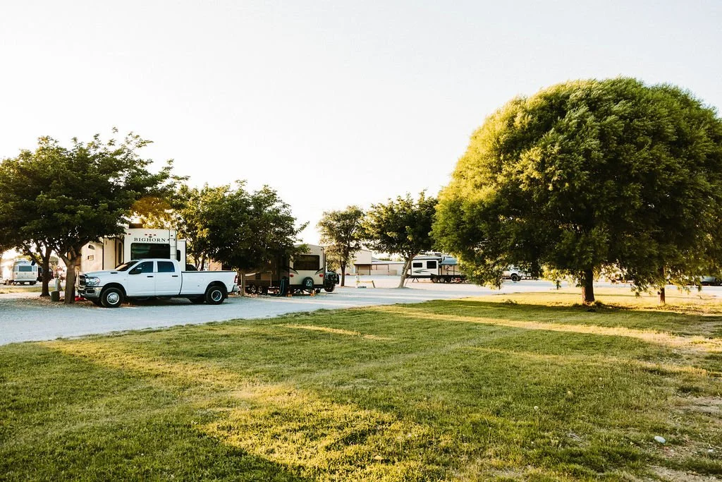 A peaceful campground with trees, a grassy area, and parked trucks and RVs.