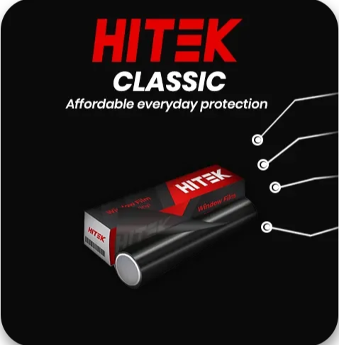 Package of HITEK Classic window film with the film roll shown in front and labels indicating affordability and everyday protection.