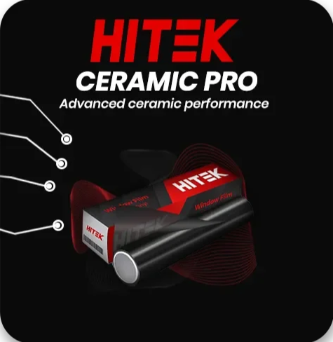 Packaging of HITEK Ceramic Pro window film with a black background, showing a roll of black ceramic film, and text highlighting advanced ceramic performance.