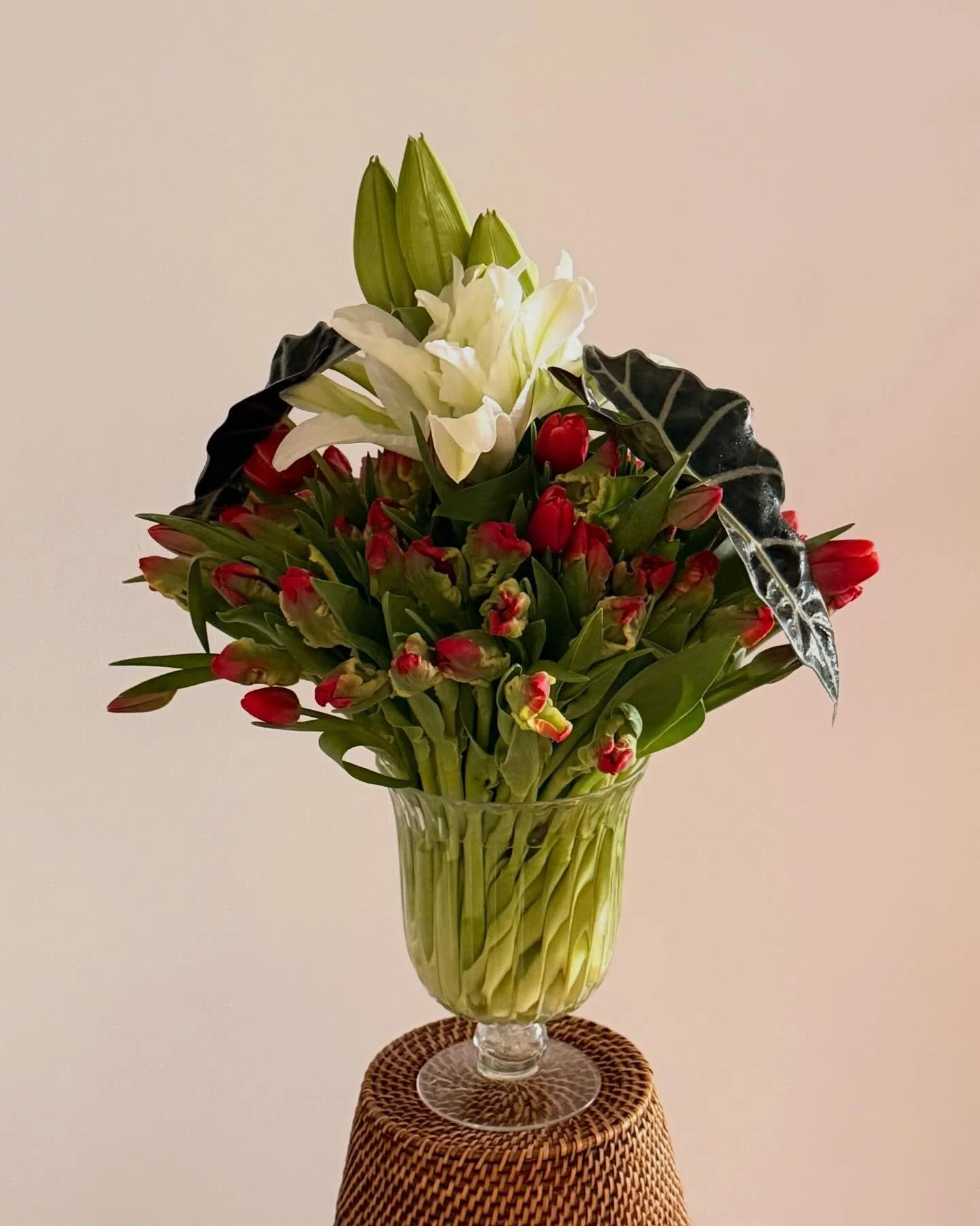 another one from valentines, &ldquo;the lily to my heart&rdquo;

red parrot tulips &amp; alocasia
