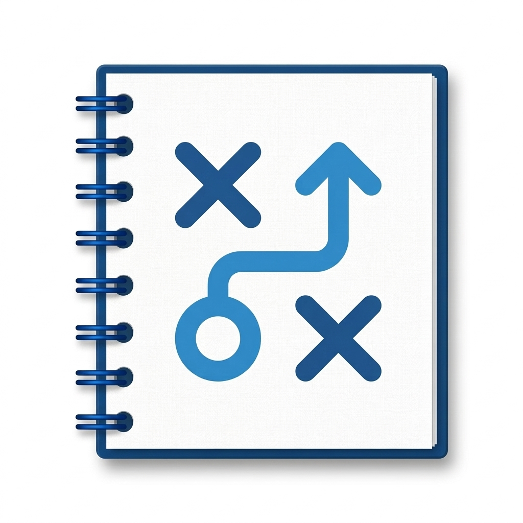 A notebook with a strategy diagram showing a blue arrow and X's on a white page with a blue spiral binding.