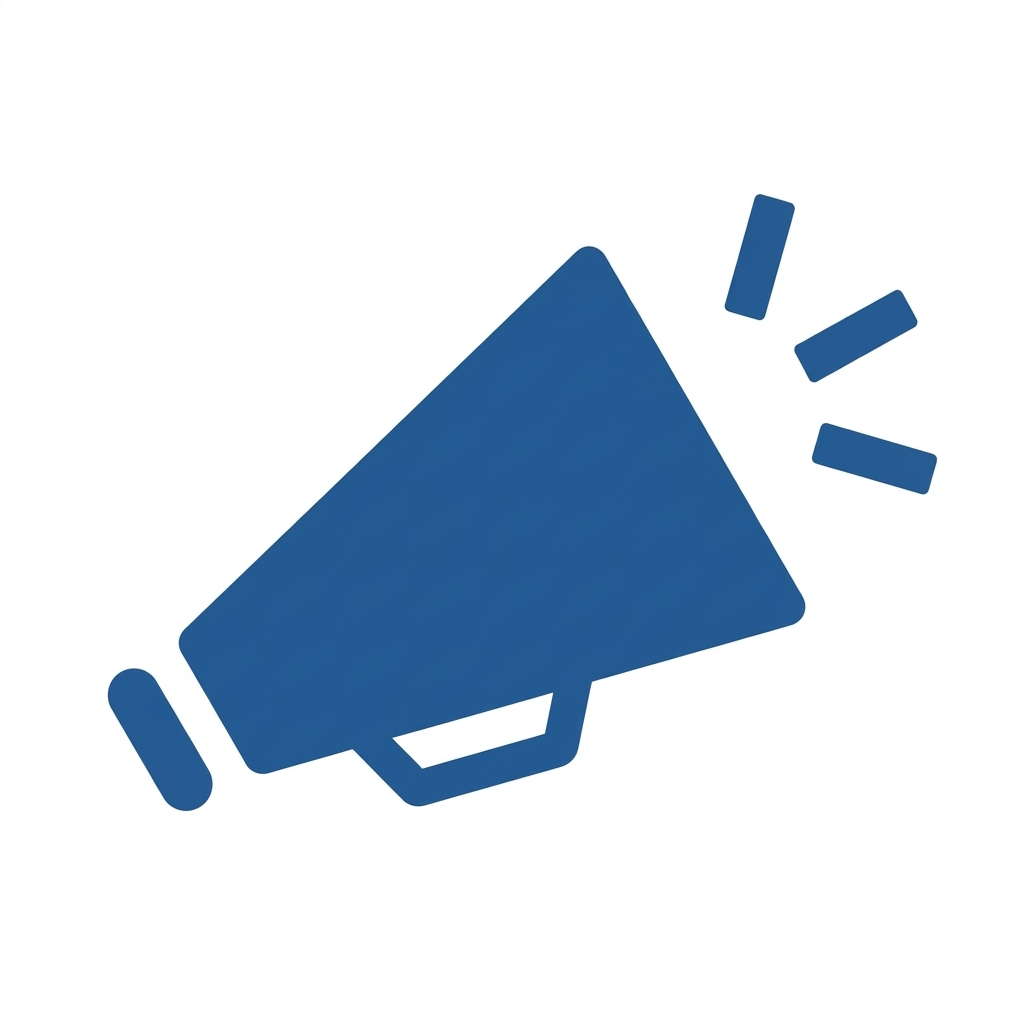 Icon of a blue megaphone with sound lines indicating advocating for a cause or mission.