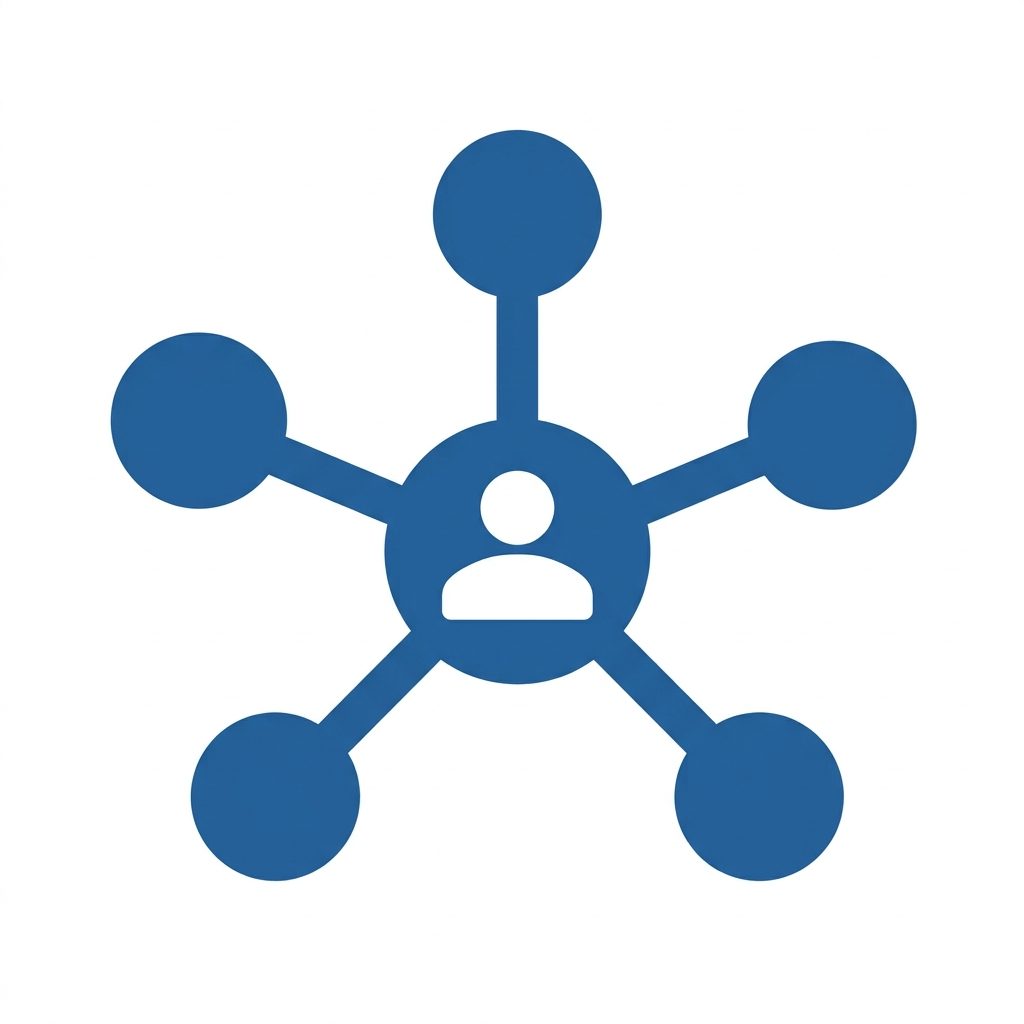 A graphic icon representing a person's silhouette at the center connected to five surrounding nodes, illustrating your stakeholders' network and social connections.
