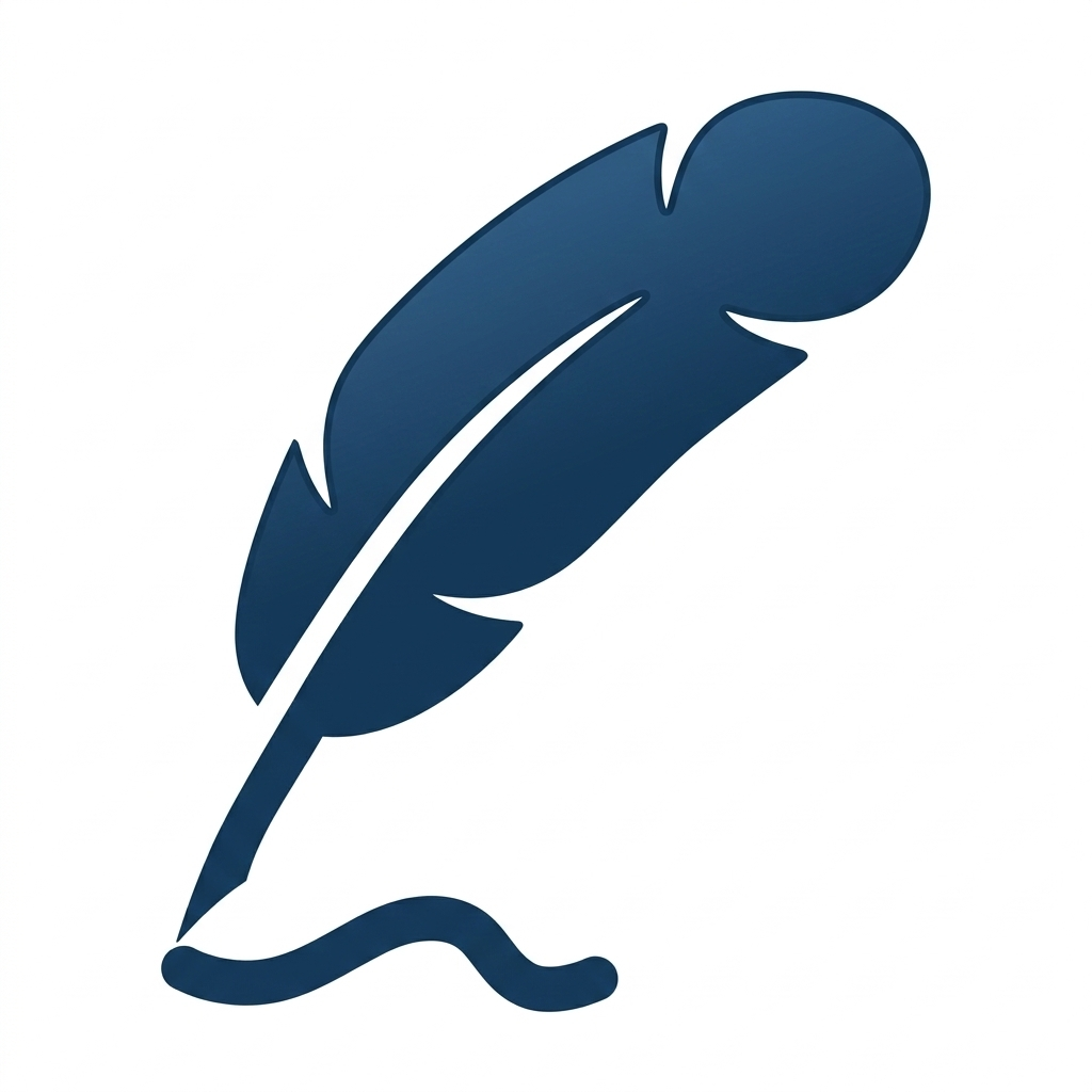 A stylized navy blue feather, with a curved shape and a central shaft illustrating thought leadership.