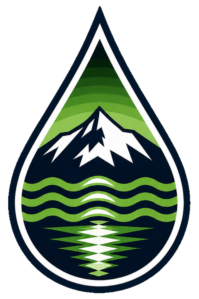 A stylized green and white emblem featuring a mountain with snowy peaks, a water droplet shape, and a reflection of the mountain and water in the water.