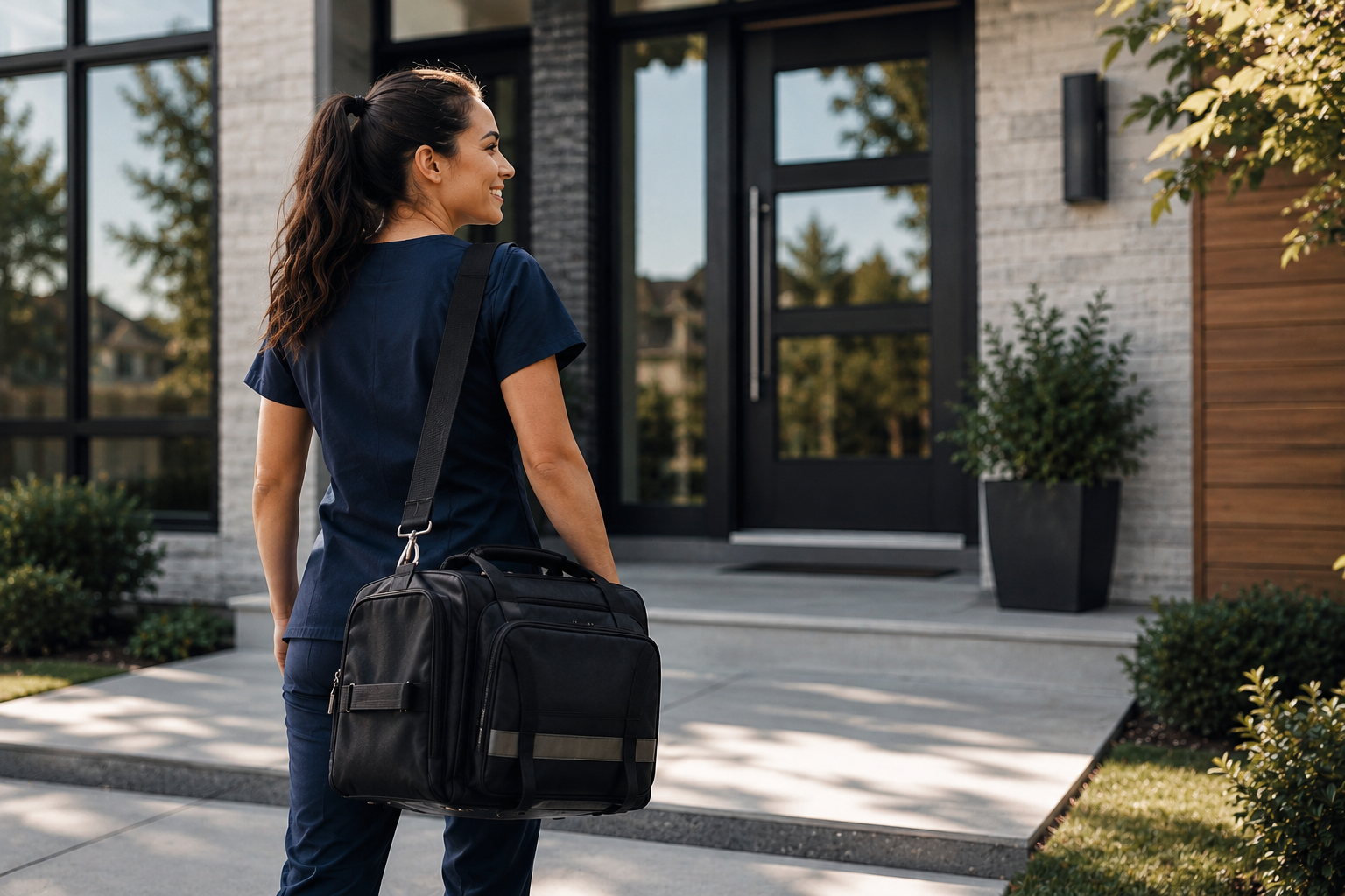 A woman with a ponytail, wearing navy scrubs and carrying a black bag on her shoulder, stands outside a modern house in the daytime.