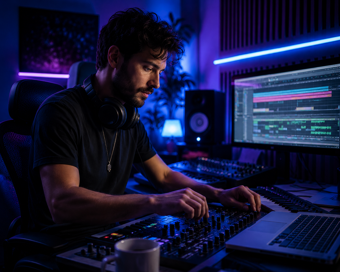 A man working on music production in a dimly lit studio with blue lighting, using a mixing console, computer, and studio speakers.