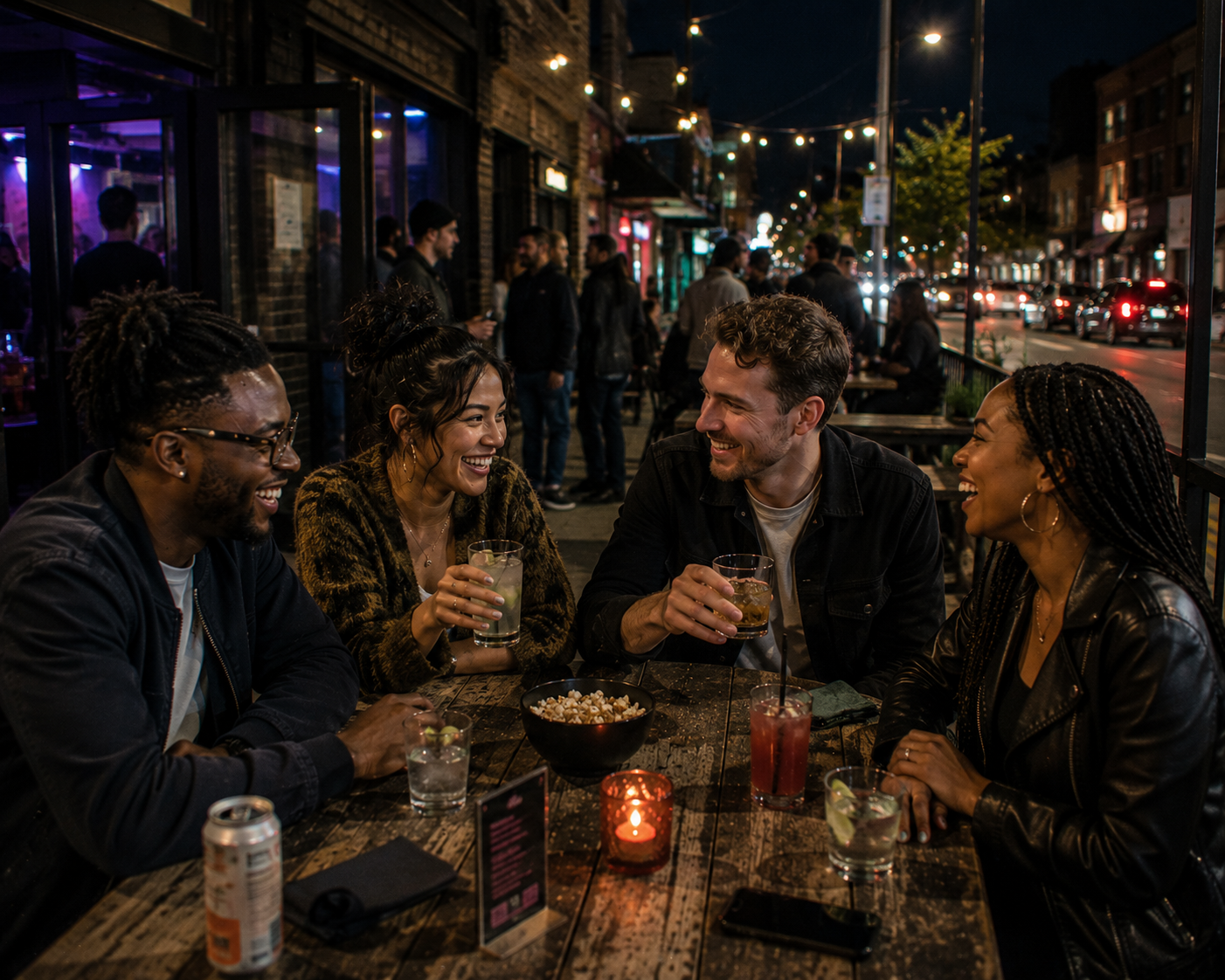 Four friends sitting at an outdoor bar table laughing and talking at night, with drinks and snacks, in an urban street scene with neon lights and other patrons in the background.