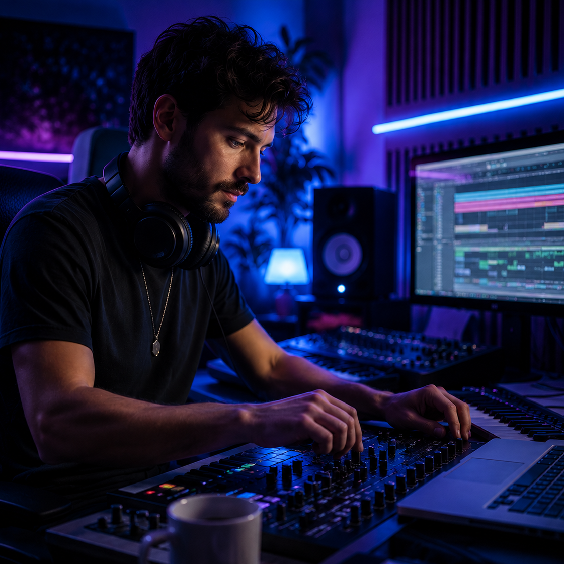 Man working on music production in a dark studio illuminated by blue and purple lights, with audio equipment and a computer screen displaying music software.