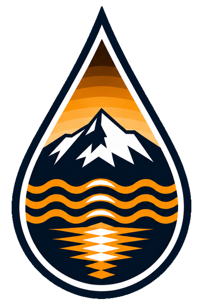 Logo featuring a mountain landscape with snow-capped peaks, a sunset sky, wavy lines representing water, and a reflection of the water beneath.