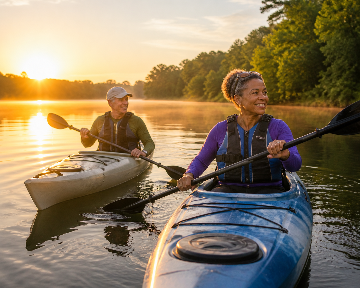 Two women kayaking on a lake at sunset, surrounded by trees.