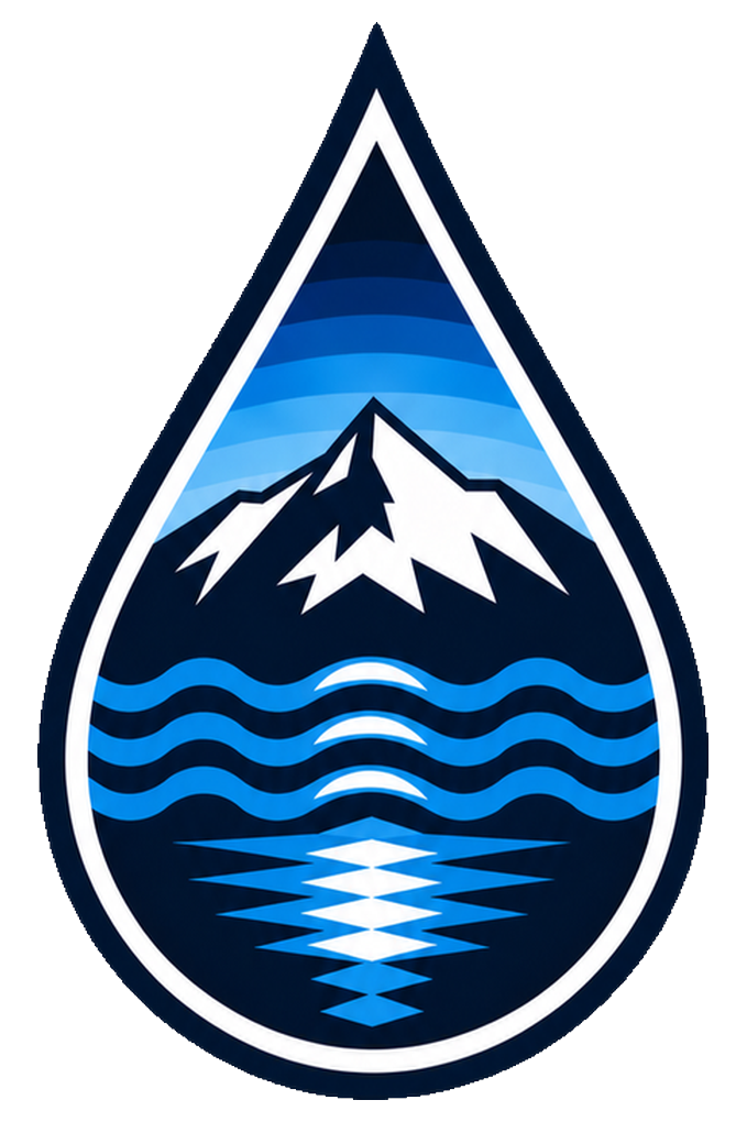 A stylized mountain and water logo with a blue color scheme, featuring a snow-capped mountain reflected in water, with blue waves and a light blue gradient background.