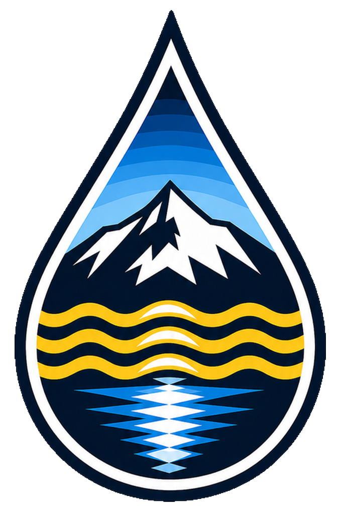 A stylized logo featuring a mountain with snow-capped peaks, a yellow wavy line representing water or terrain, and a reflection of the mountain and sky in a body of water below.