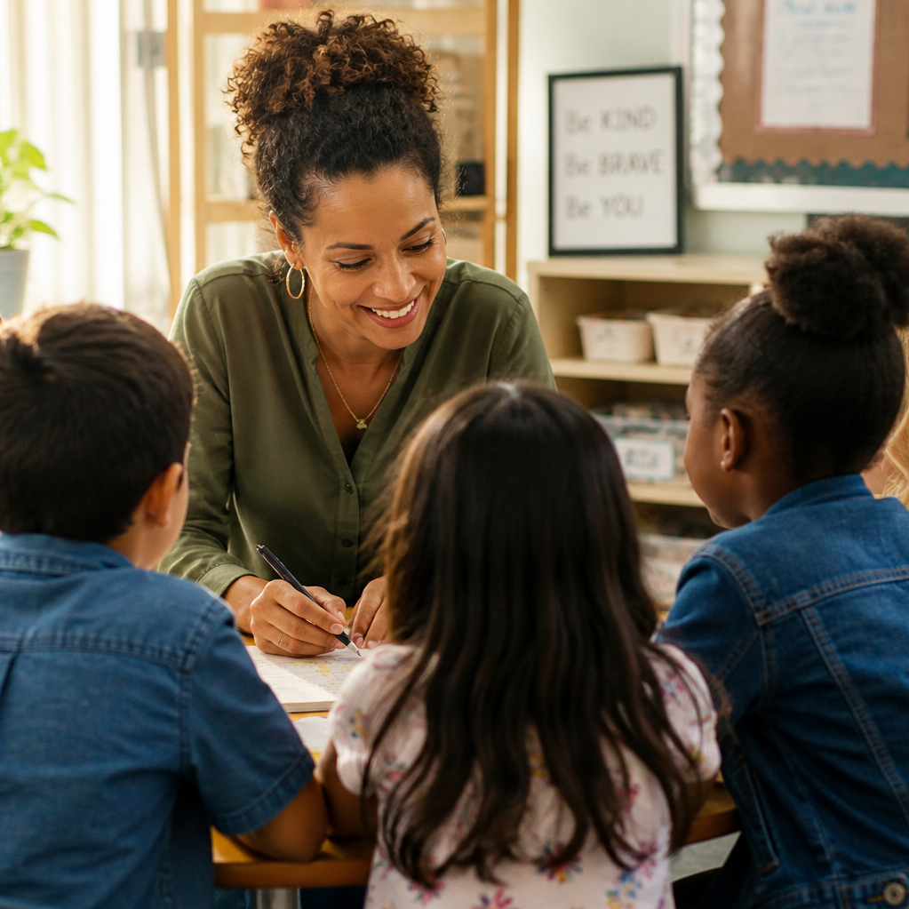 A smiling woman with curly hair sits at a table with four children, engaging in a conversation or lesson inside a classroom.