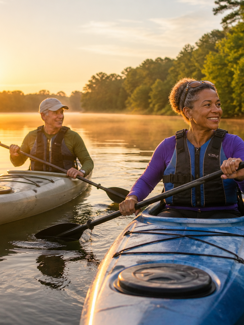Two women kayaking on a calm river at sunset, surrounded by trees, both smiling and wearing life jackets, with one woman in a purple shirt and the other in a green shirt.