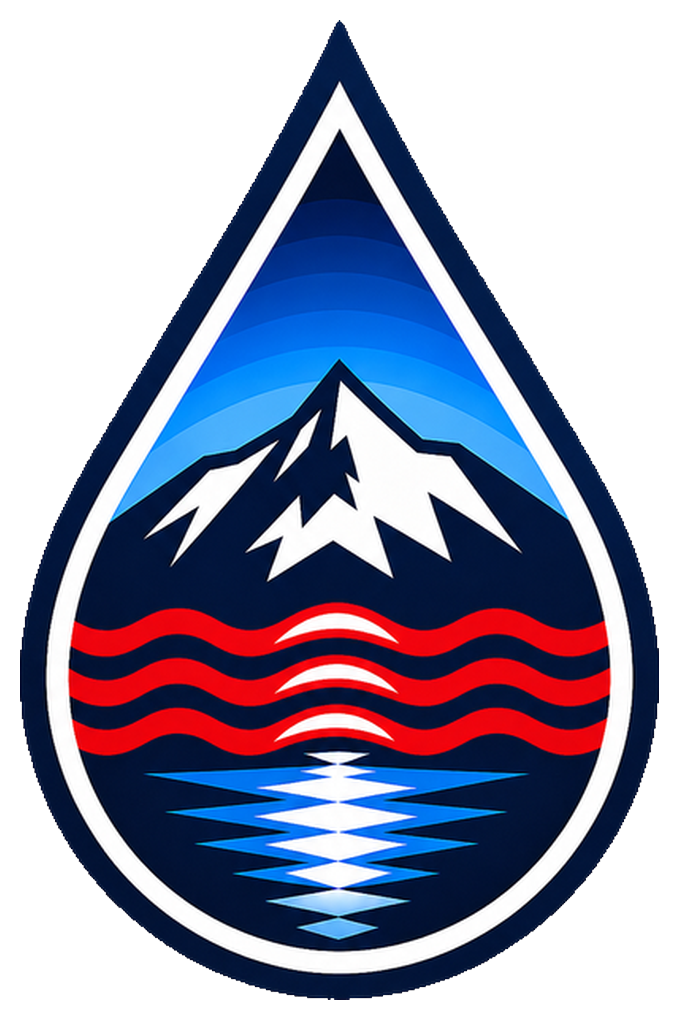A teardrop-shaped logo featuring snow-capped mountains, red wavy lines representing water, and a reflection of the mountains on water, with a gradient blue background.