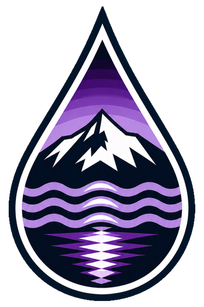Stylized water droplet logo featuring snowy mountain peaks and purple ripples reflecting on water.