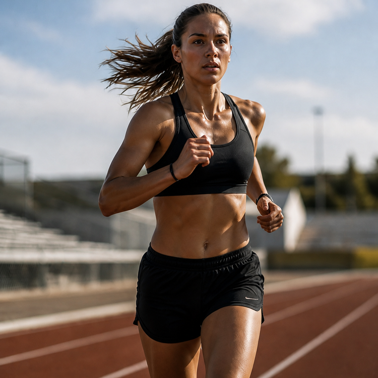 A woman running on a track at an outdoor sports field.