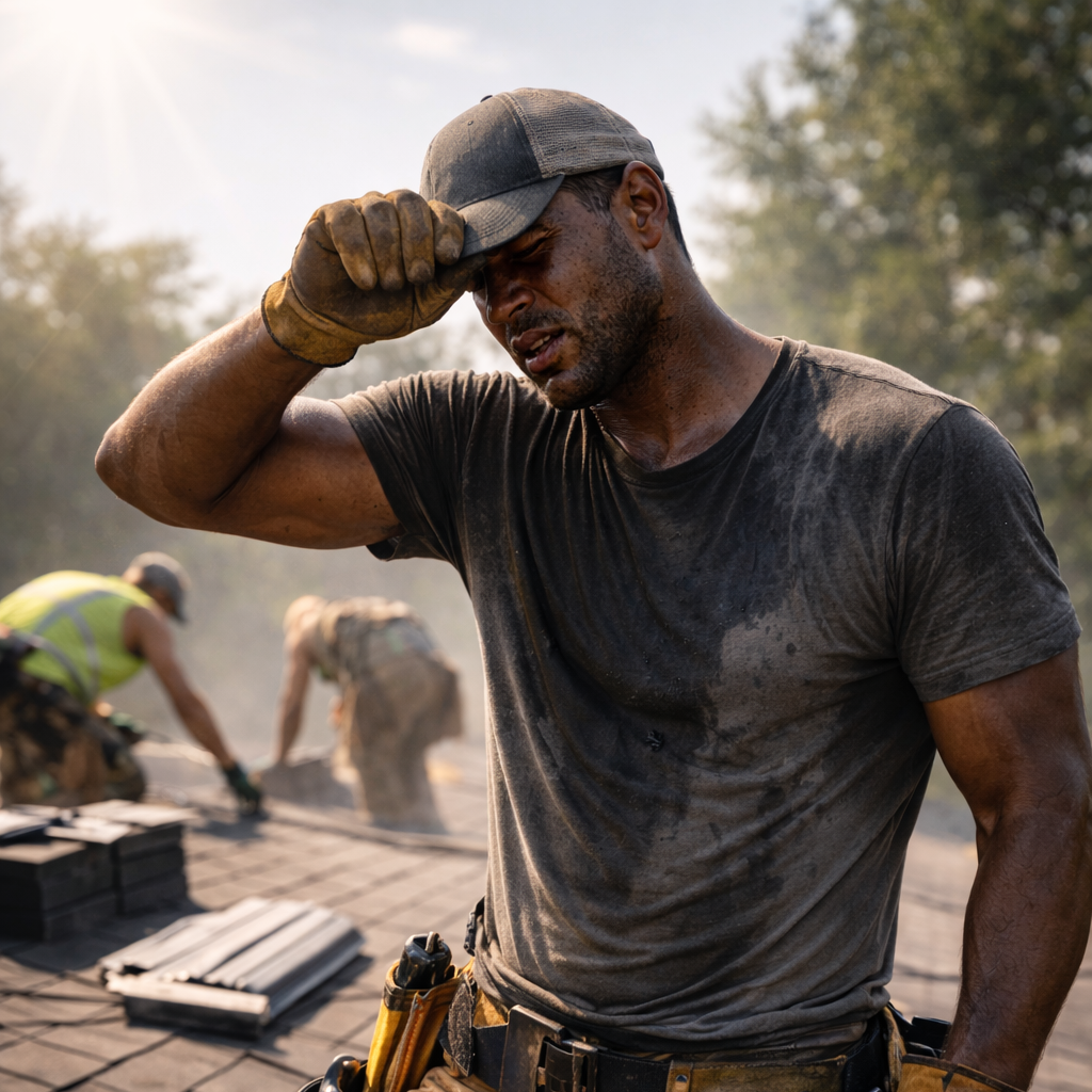 A man in work clothes and a cap, wiping sweat from his face with his hand, appears exhausted after hard labor outdoors.