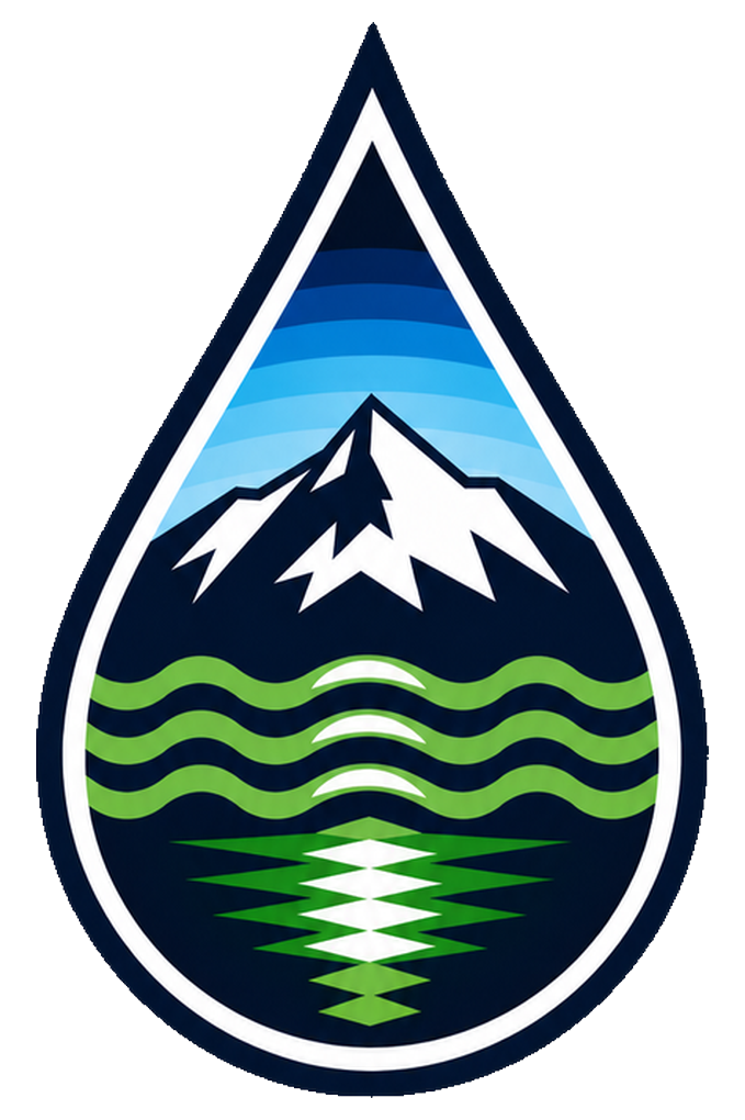 A mountain with snow peaks above green water waves and reflection inside a water droplet shape