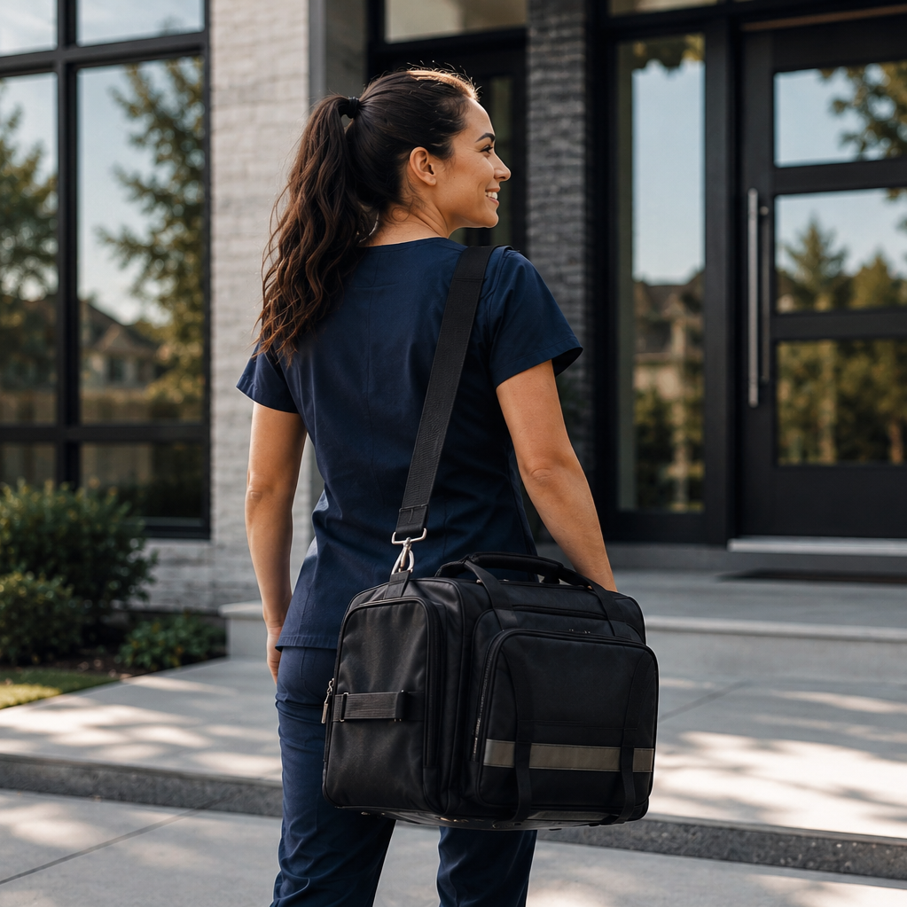 A woman smiling, wearing navy scrubs, with a black medical bag slung over her shoulder, standing outside a building with large glass doors.