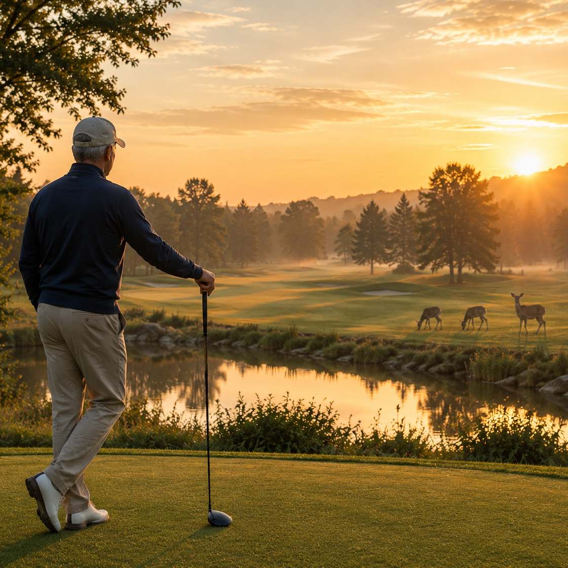A man standing on a golf tee, holding a golf club, looks out over a golf course with a small pond, trees, and three deer grazing at sunrise or sunset.
