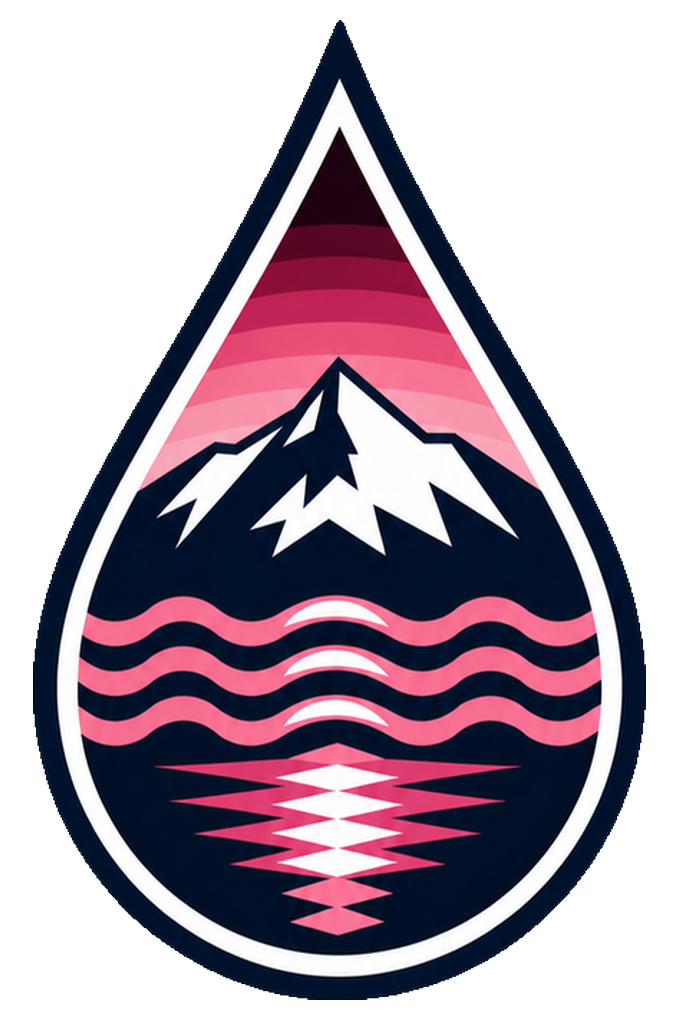 Stylized mountain peak with pink sunset reflections on water inside teardrop shape.