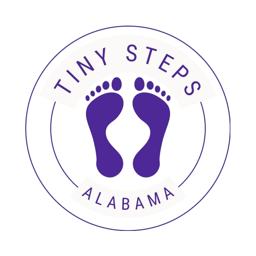 Logo featuring purple baby feet with the text 'Tiny Steps Alabama' arranged in a circular pattern around the feet.