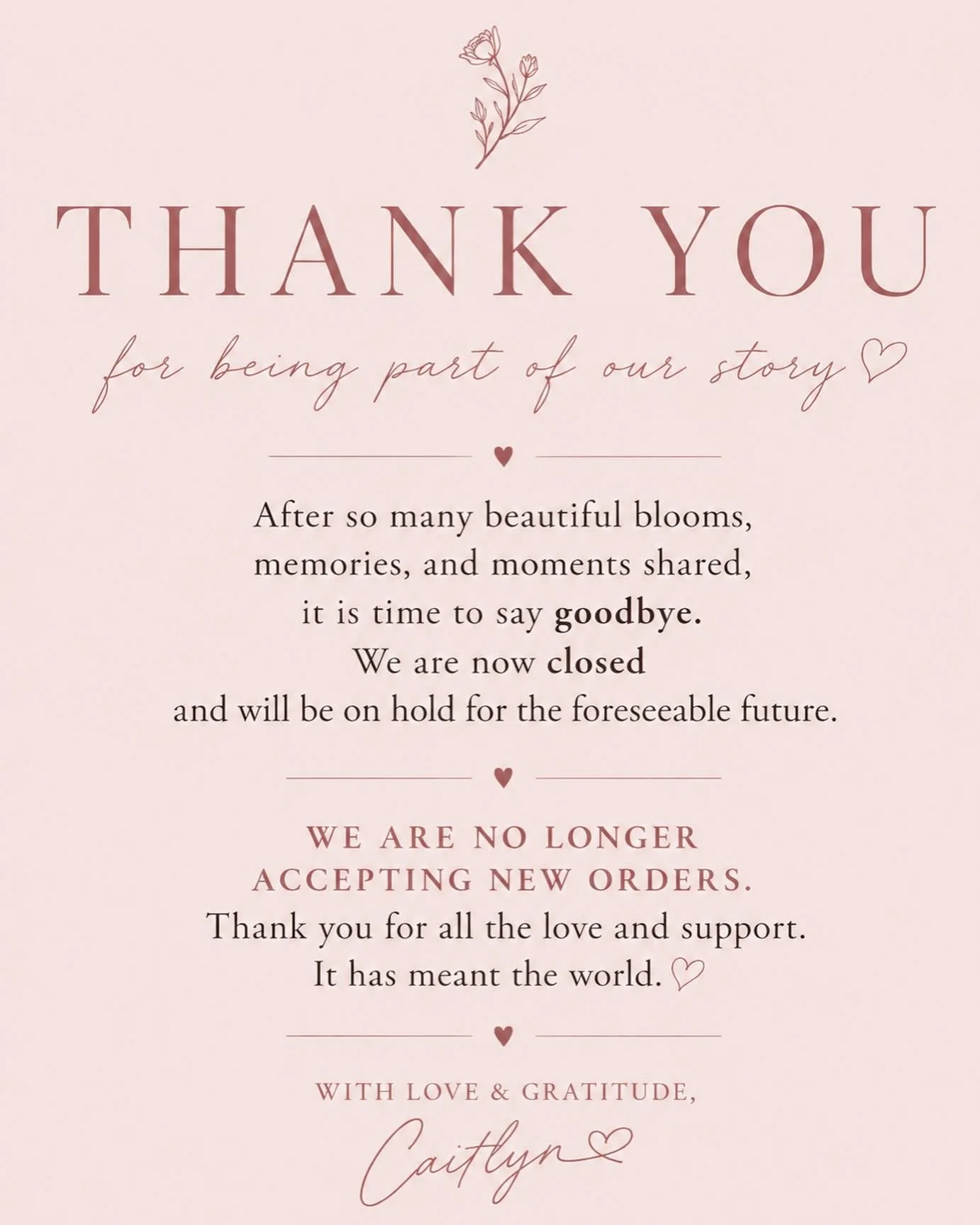 It was a hard decision to make, but ultimately I had to do what was best for me 🌸

It&rsquo;s been a beautiful run. Through Pink Petal, I learned so much &mdash; not only about business, but about myself too.

I learned what I&rsquo;m capable of, wh