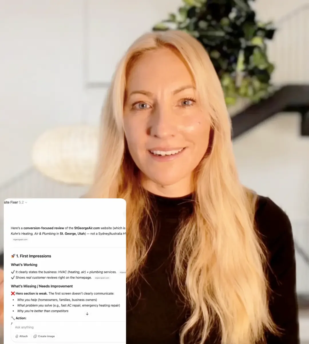 A woman with long blonde hair wearing a black top, smiling, in a brightly lit indoor setting with a green plant in the background.