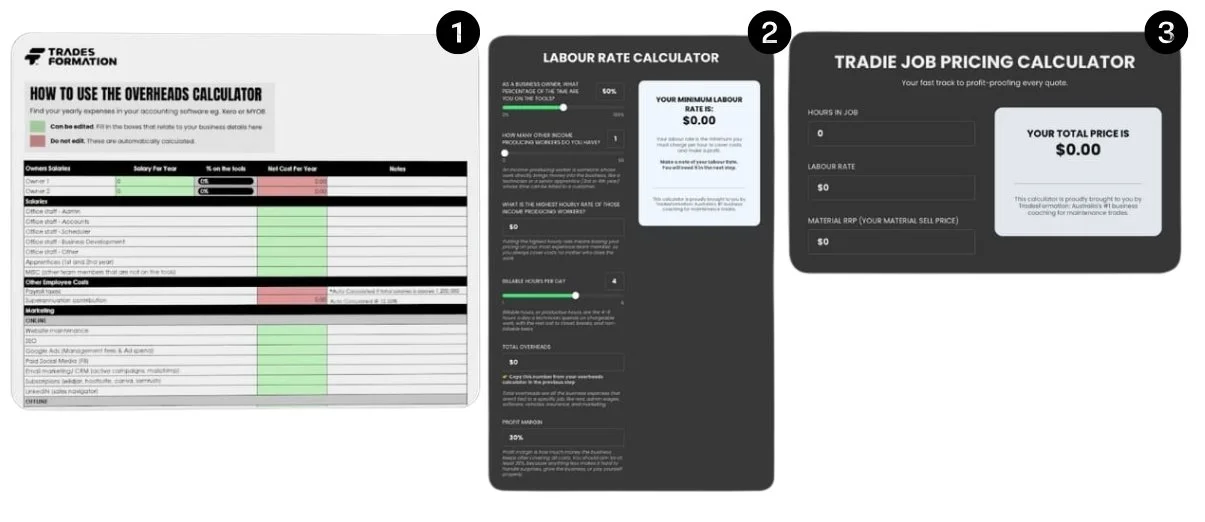 Three calculators for business expenses: Labor Rate Calculator, Trade Job Pricing Calculator, and Overheads Calculation sheet showing salary, employee costs, and marketing expenses.