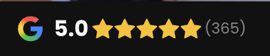 Graphic showing a Google logo, a 5.0 rating, five gold stars, and the number 365.