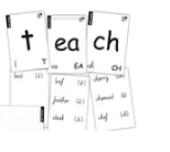 Educational flashcards with 't', 'ea', 'ch' and example words like 'tall', 'peach', 'church'.
