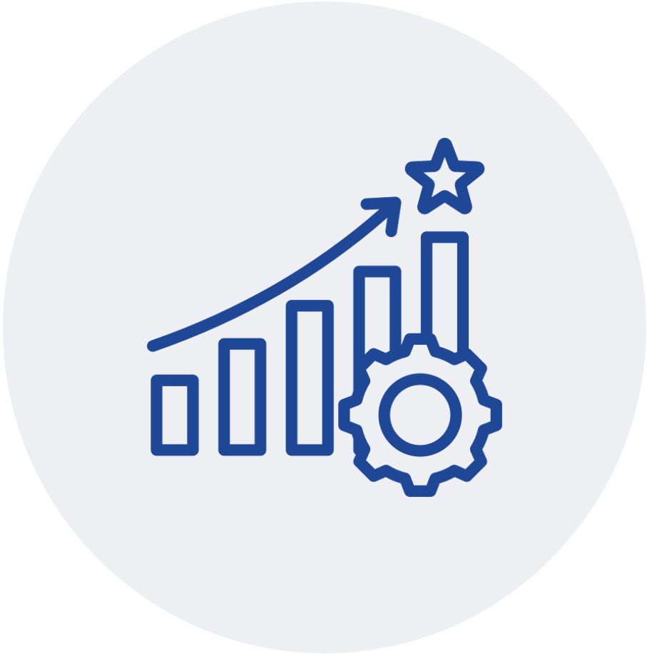 A blue icon of a bar graph with a rising arrow, a star at the top, and a gear at the bottom, representing growth and achievement.