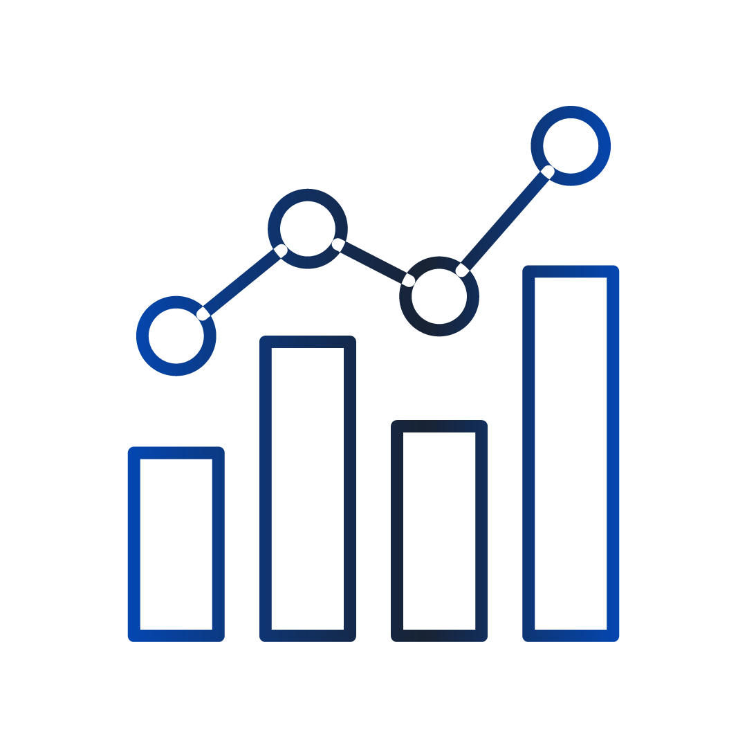 A stylized blue bar chart with five ascending bars and a dark background.