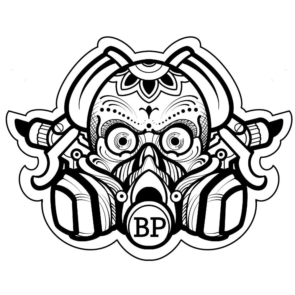 Black and white line art illustration of an intricate, stylized skull wearing a gas mask with the letters 'BP' on the front.