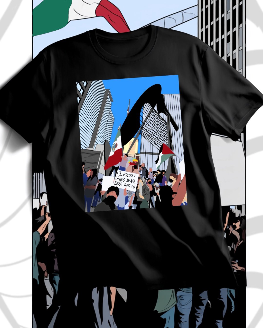 A protest scene featuring a large crowd of people holding flags and signs, with a prominent black silhouette of a bird and high-rise buildings in the background. One sign reads 'EL PUEBLO UNIDO JAMÁS SERÁ VENCIDO'.