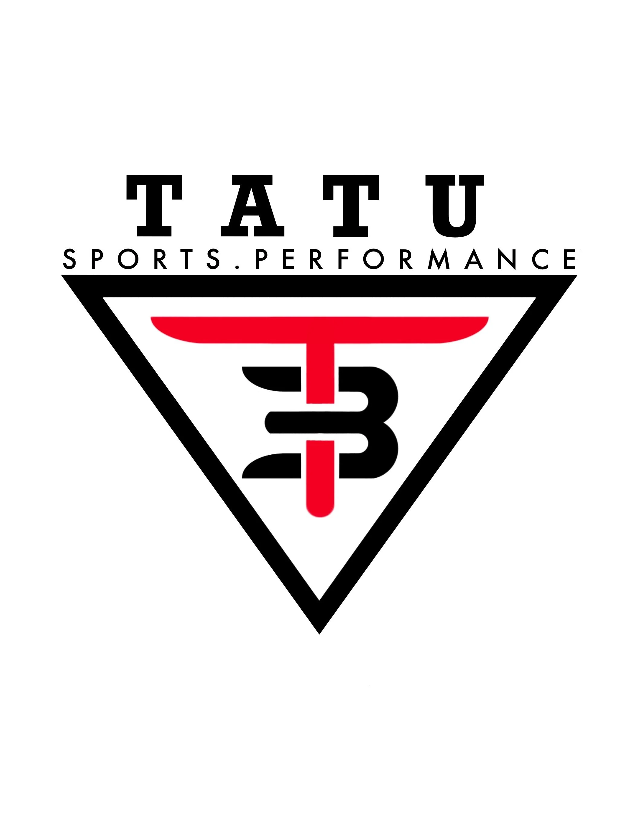 TA TU Sports Performance logo featuring a black outlined triangle with red elements and black text.