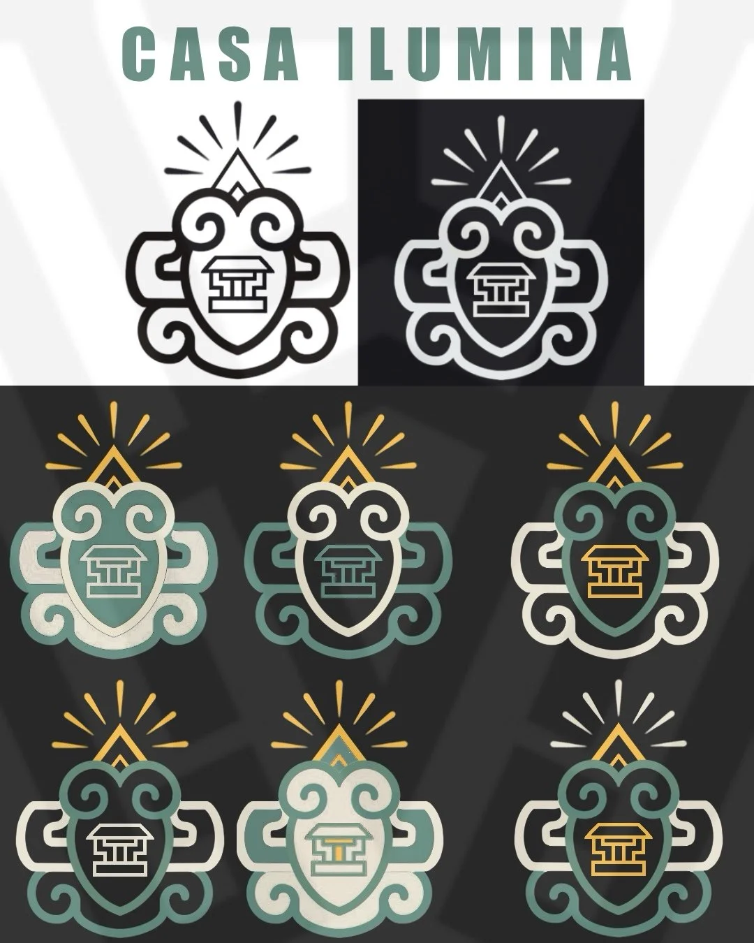 Pattern designs featuring a stylized face with swirling features, a triangular element on the forehead, a mouth with square teeth, and radiating lines on top, presented in different color schemes and backgrounds.