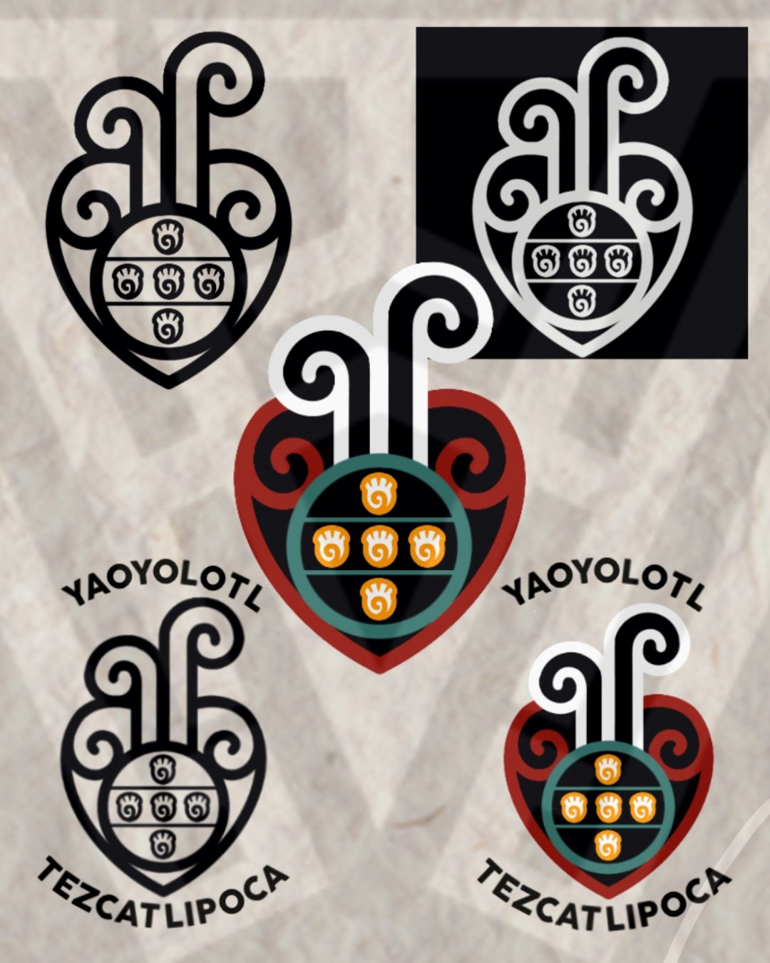 Multiple stylized and colored illustrations of a heart-shaped design with geometric and swirl patterns, some with the text 'YAOYOLOTL' and 'TEZCATLIPOCA' around them.