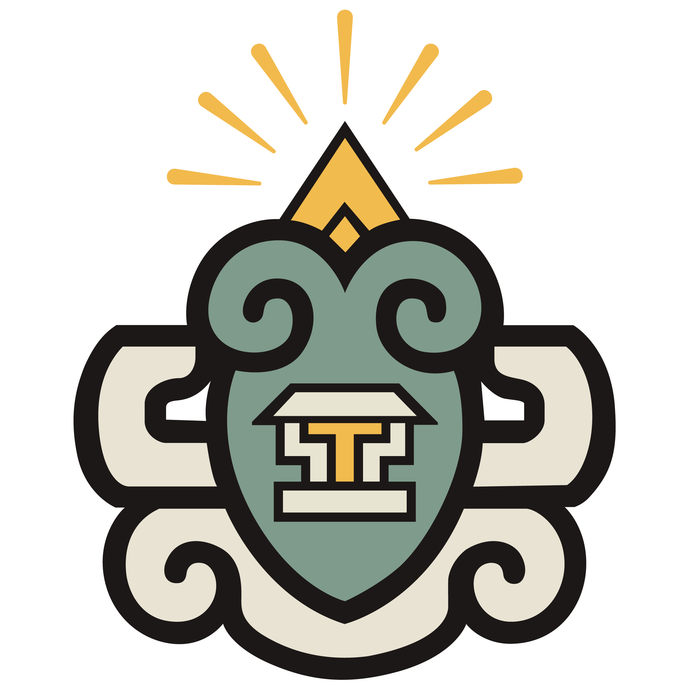 Stylized graphic of a traditional mask with swirling details, a prominent nose, and open mouth, with a golden triangular element and radiating lines above the mask.