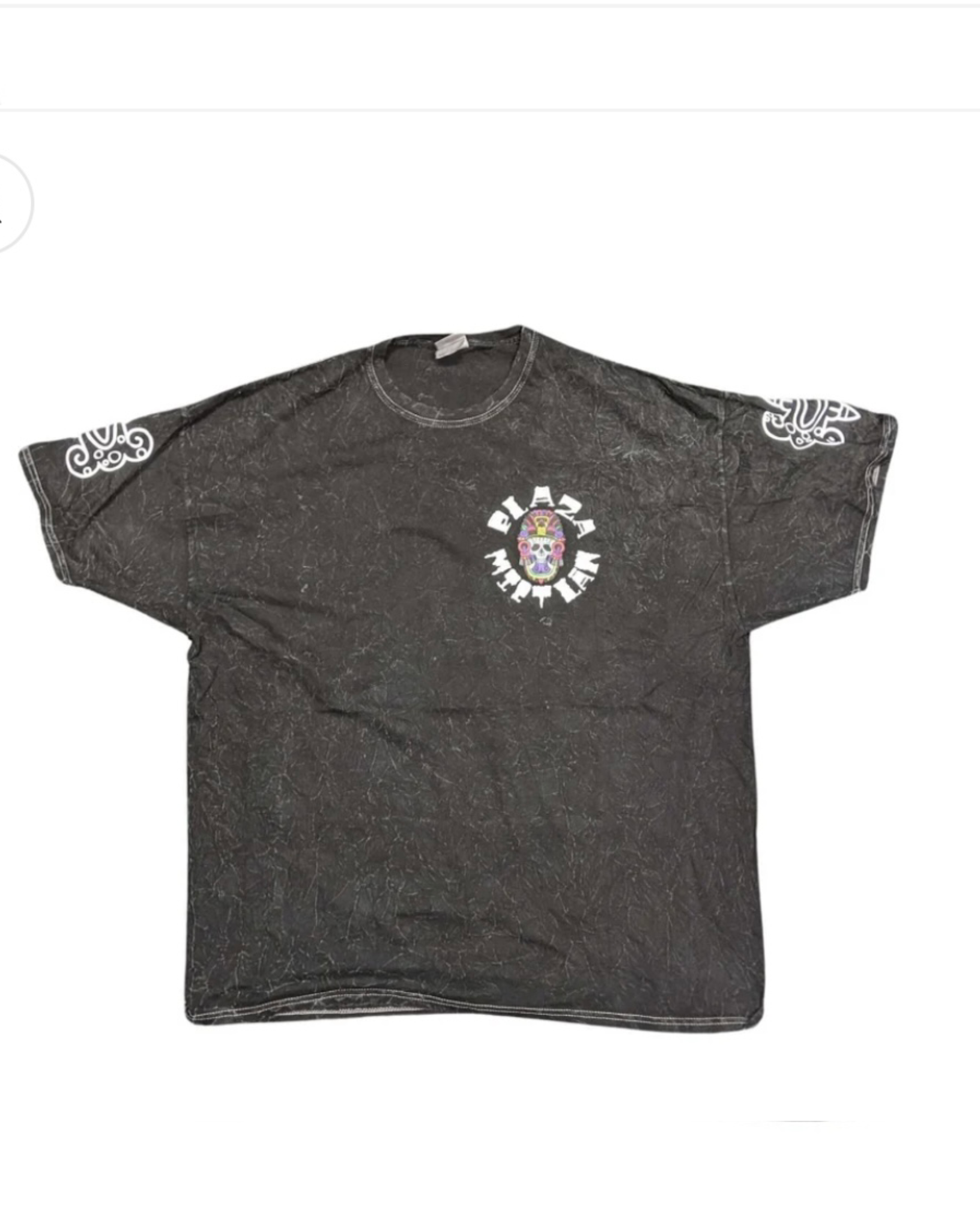 Black distressed T-shirt with a colorful sugar skull graphic and the words 'PLAYA MULATTA' on the front, and decorative white designs on the sleeves.