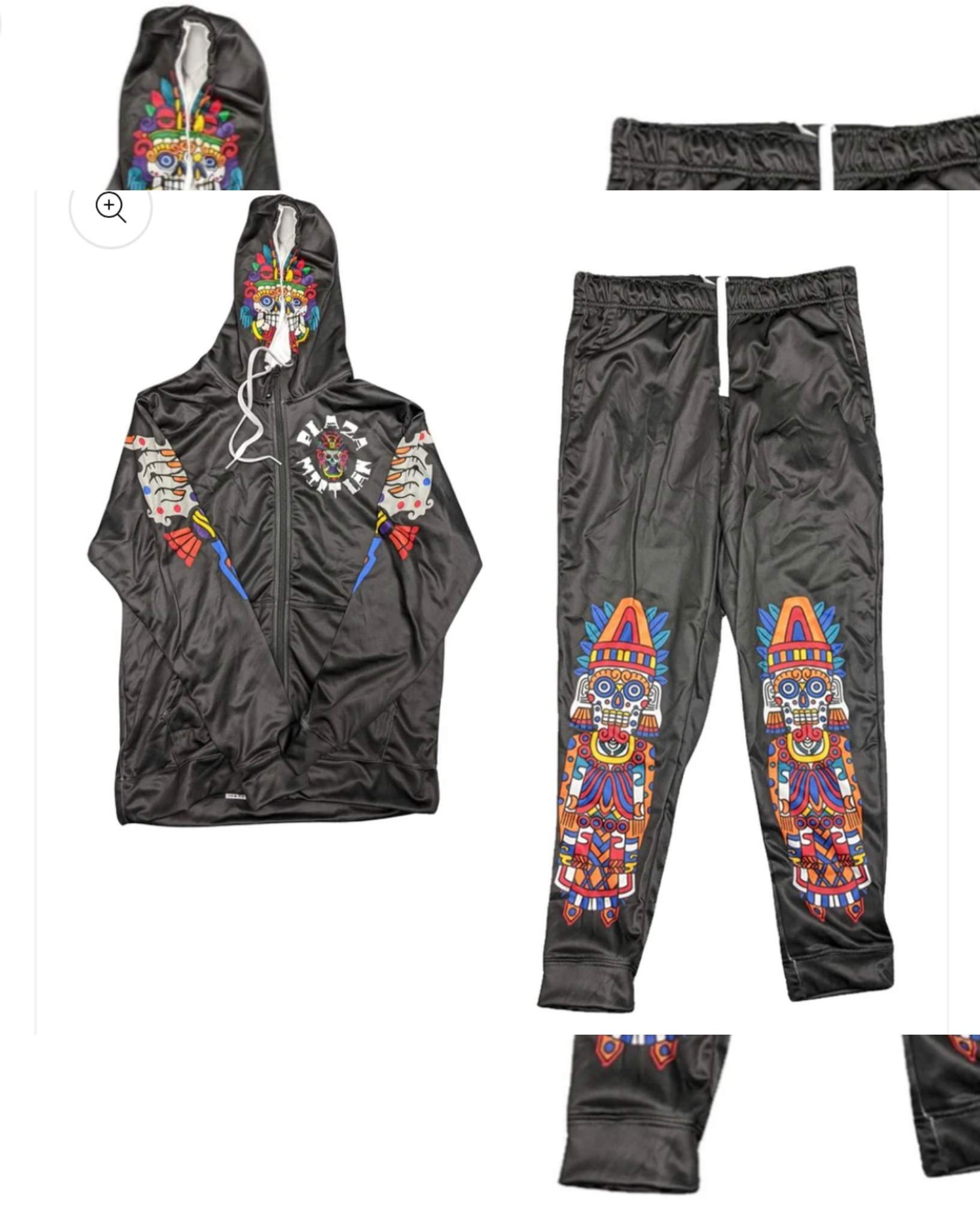Black tracksuit with colorful, Aztec-inspired skull and tribal designs on the jacket, pants, and hood.