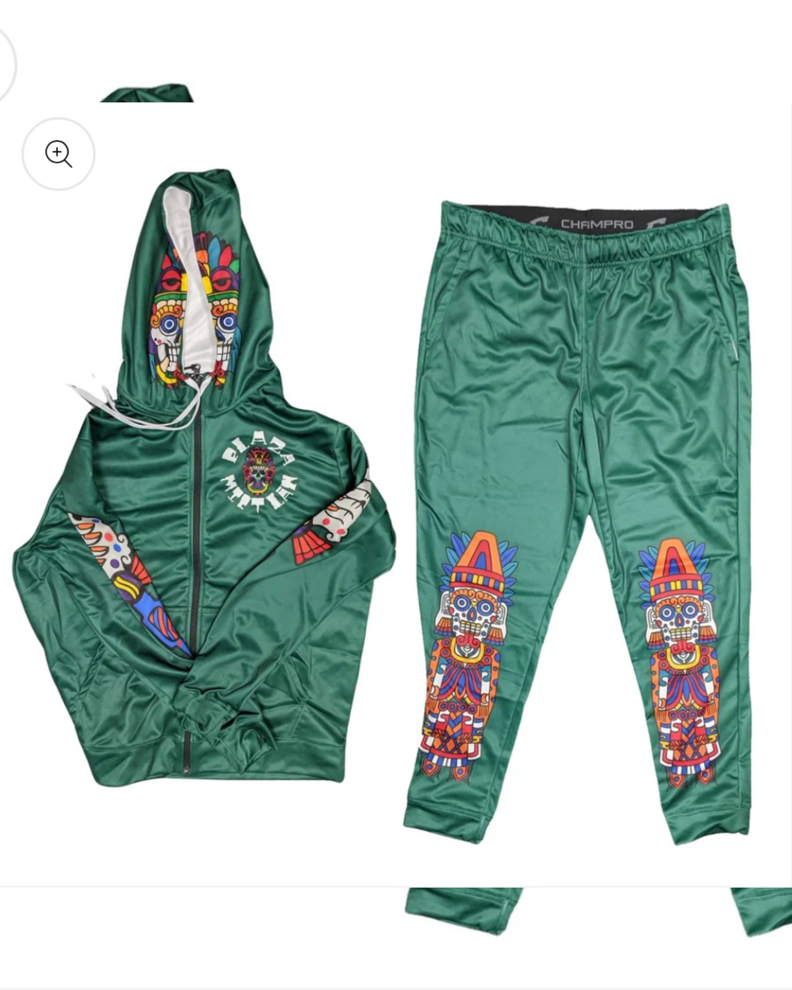 Green track jacket and matching green sweatpants with colorful Aztec-style designs and skull motifs.