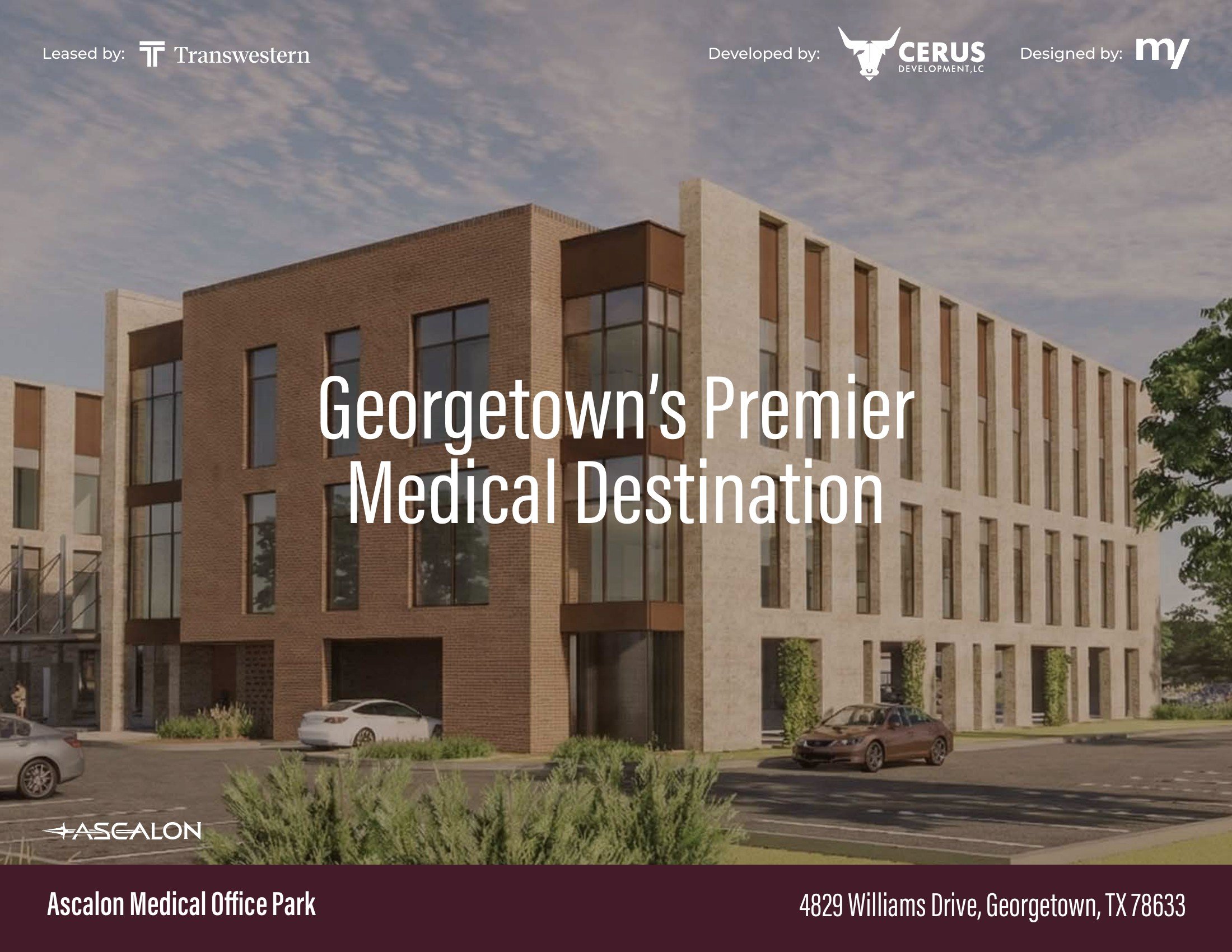 Rendering of Ascalon Medical Office Park, a three-story Class A medical office building at 4829 Williams Drive in Georgetown, Texas.