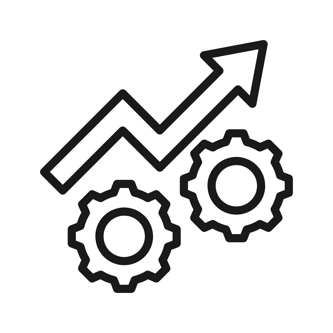An icon showing 2 gears and an arrow pointed upwards conveying an increasing productivity,