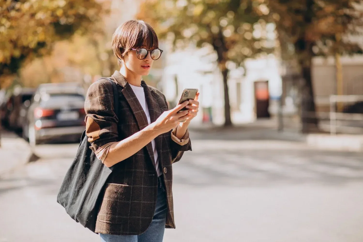 A stylish woman in sunglasses and a plaid blazer checks her phone while standing on a sunny street, exuding a calm, focused demeanor.